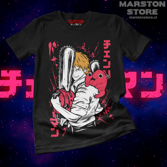 Polera negra Chainsaw Man con diseño de Denji