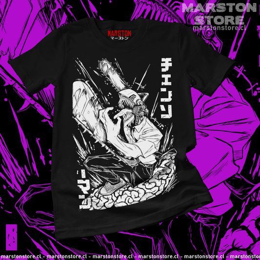Polera negra Chainsaw Man con diseño de Denji
