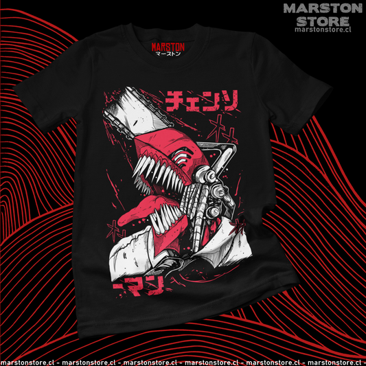 Polera negra Chainsaw Man con diseño de Denji