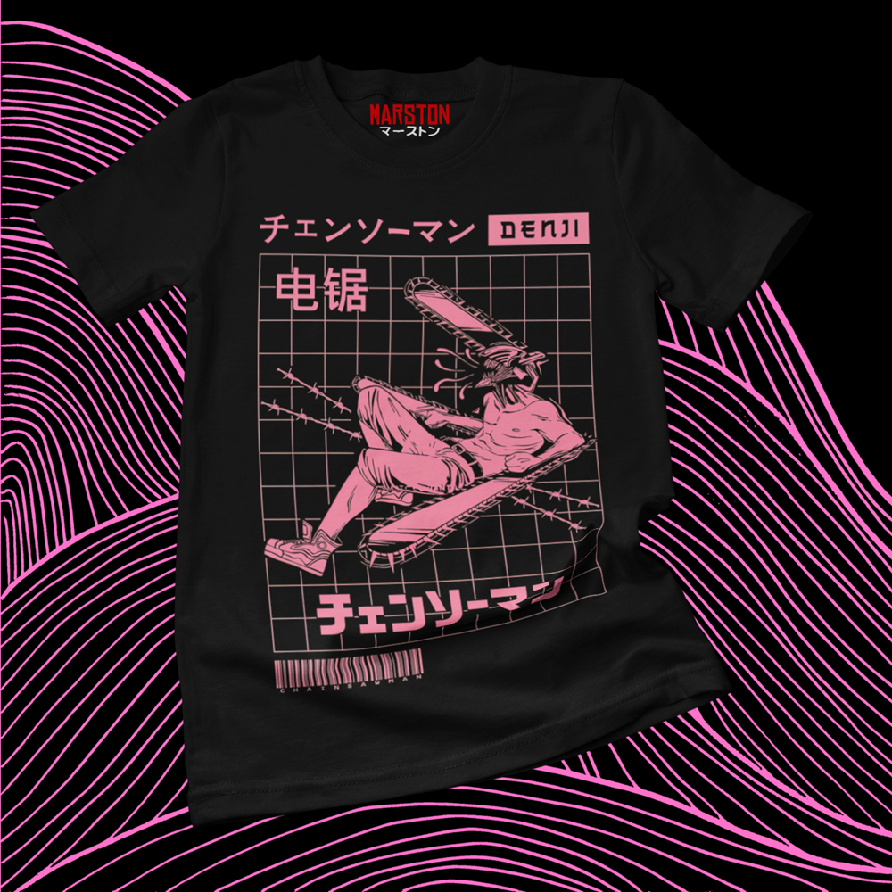 Polera negra Chainsaw Man con diseño de Denji