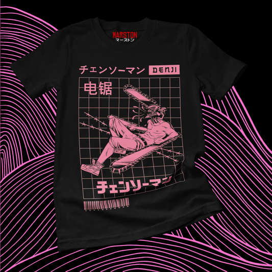 Polera negra Chainsaw Man con diseño de Denji