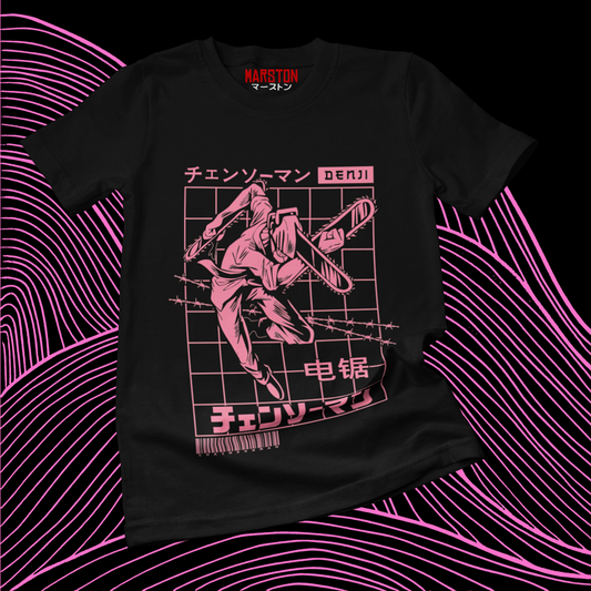 Polera negra Chainsaw Man con diseño de Denji