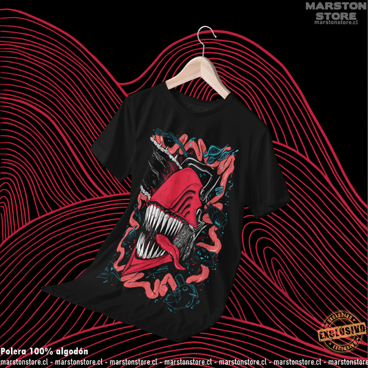 Polera negra Chainsaw Man con diseño de Denji