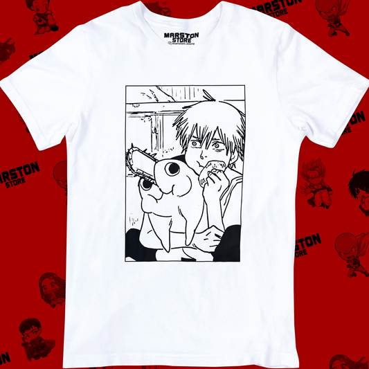Polera blanca Chainsaw Man con Denji y Pochita