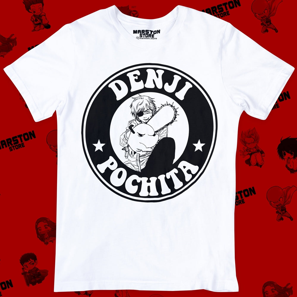 Polera blanca Chainsaw Man con Denji y Pochita
