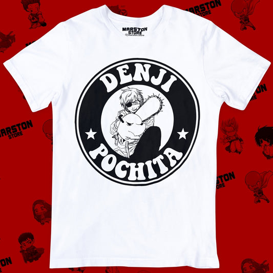 Polera blanca Chainsaw Man con Denji y Pochita