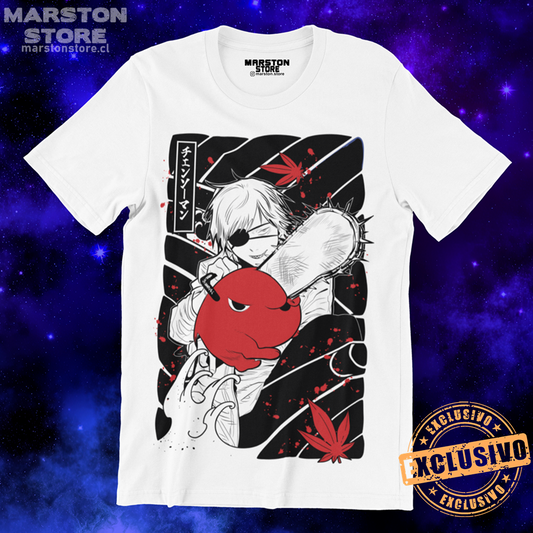Polera blanca Chainsaw Man con Denji y Pochita