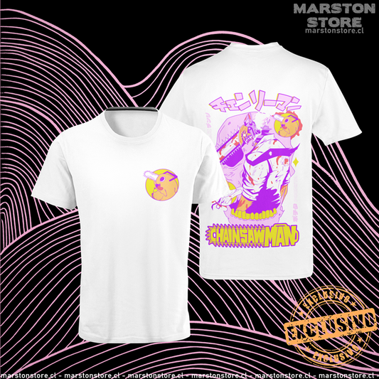 Polera blanca Chainsaw Man con Denji y Pochita