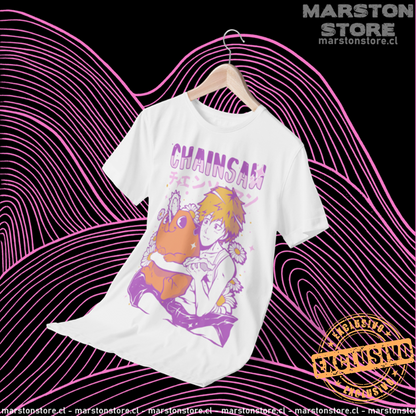 Polera blanca Chainsaw Man con Denji y Pochita