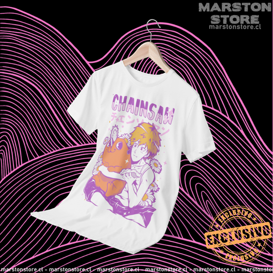 Polera blanca Chainsaw Man con Denji y Pochita