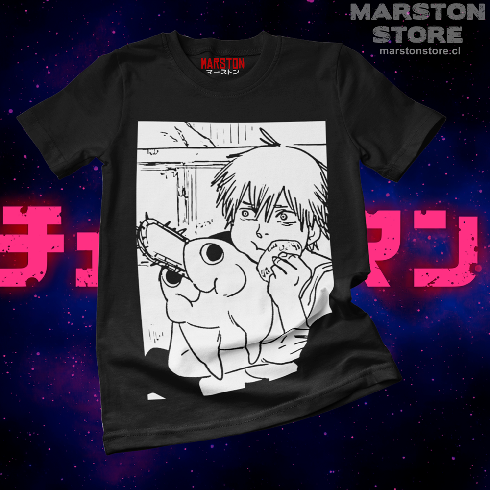 Polera negra Chainsaw Man con Denji y Pochita