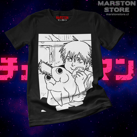 Polera negra Chainsaw Man con Denji y Pochita