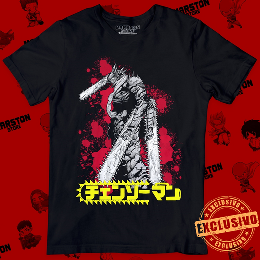 Polera negra Chainsaw Man con Denji y Pochita