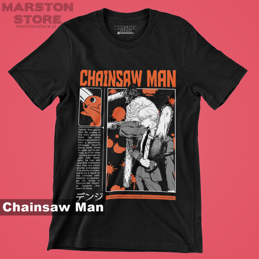 Polera negra Chainsaw Man con Denji y Pochita