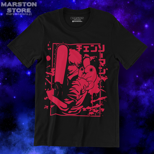 Polera negra Chainsaw Man con Denji y Pochita