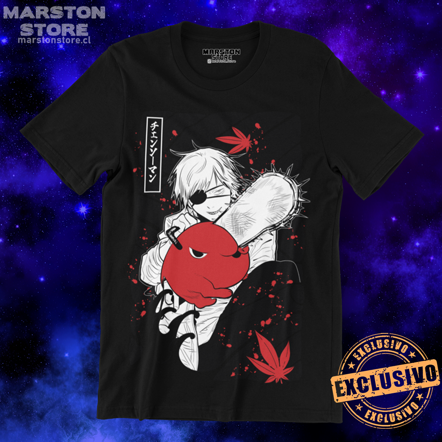 Polera negra Chainsaw Man con Denji y Pochita