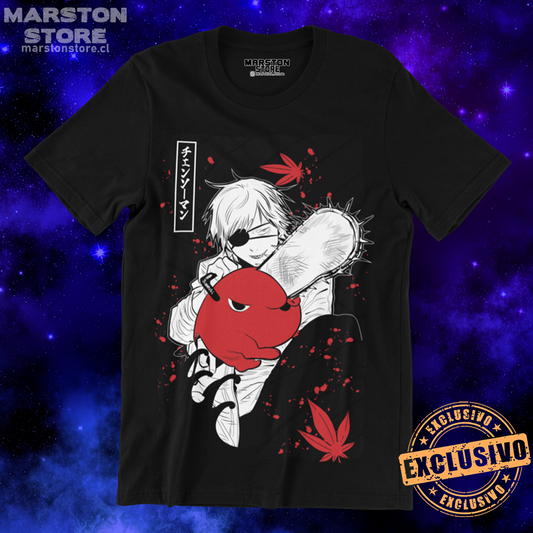 Polera negra Chainsaw Man con Denji y Pochita