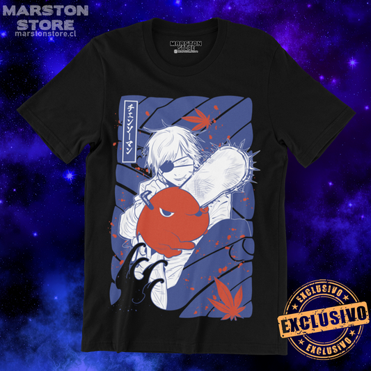 Polera negra Chainsaw Man con Denji y Pochita