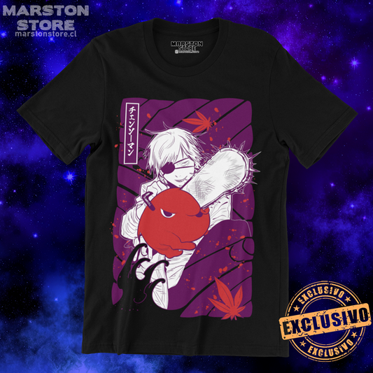 Polera negra Chainsaw Man con Denji y Pochita