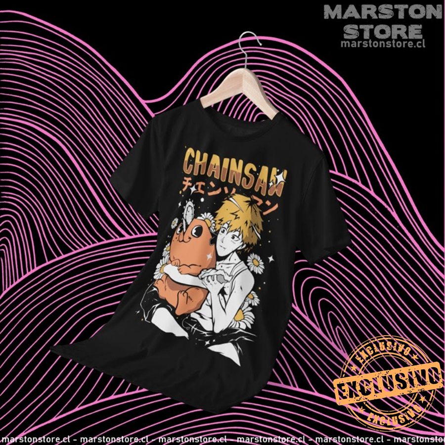 Polera negra Chainsaw Man con Denji y Pochita
