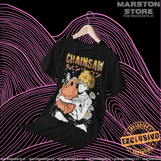 Polera negra Chainsaw Man con Denji y Pochita