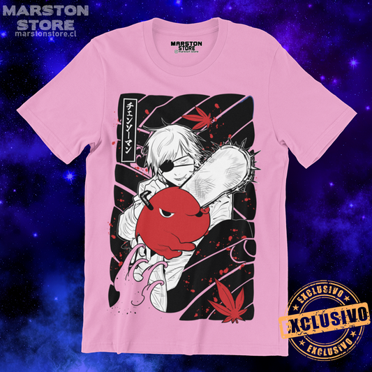 Polera rosada Chainsaw Man con Denji y Pochita