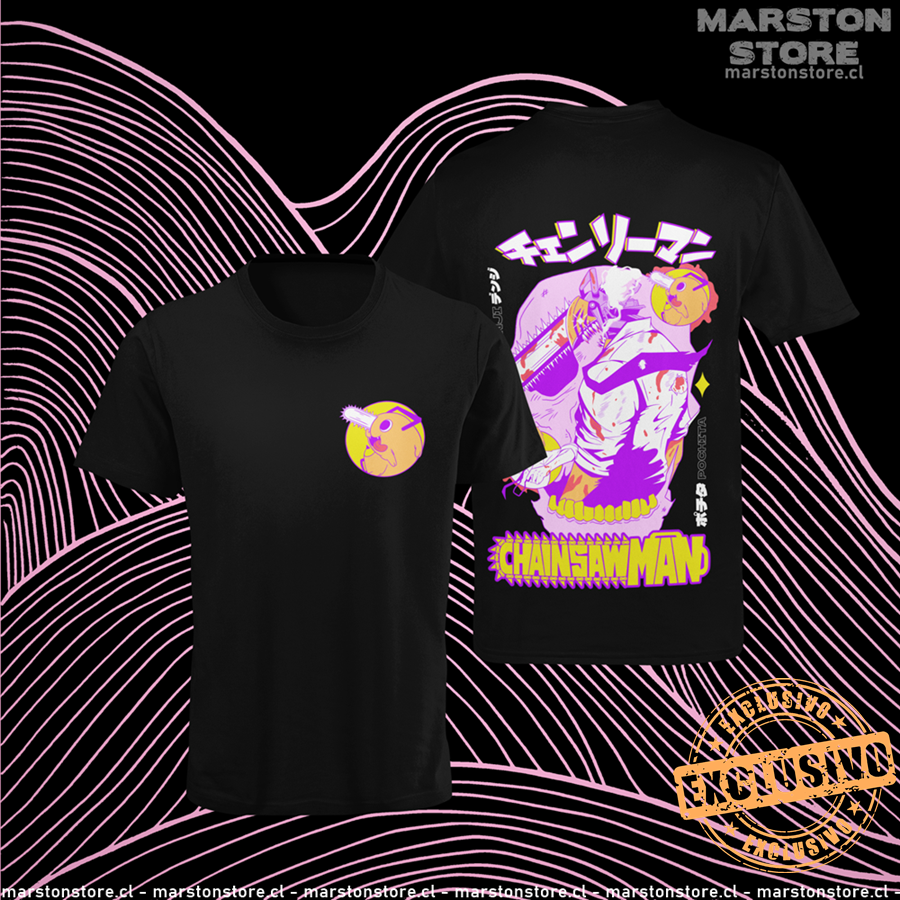 Polera negra Chainsaw Man con Denji y Pochita, versión 1