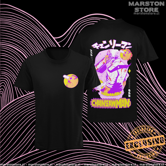 Polera negra Chainsaw Man con Denji y Pochita, versión 1
