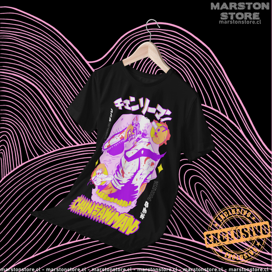 Polera negra Chainsaw Man con Denji y Pochita, versión 1