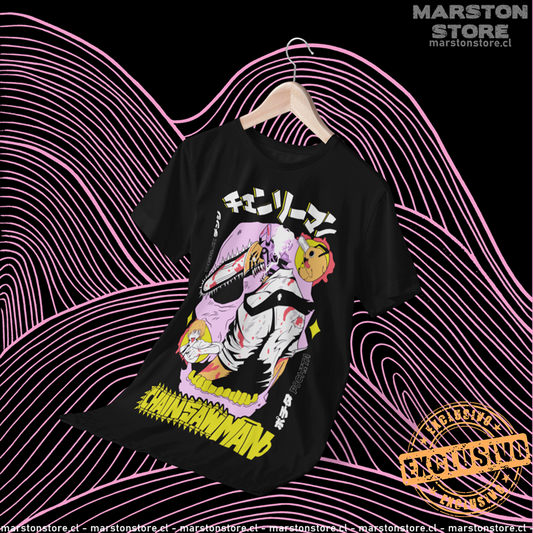 Polera negra Chainsaw Man con Denji y Pochita, versión 2