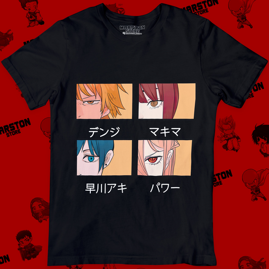 Polera negra Chainsaw Man con Denji, Power, Aki Hayakawa y Makima