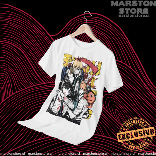 Polera blanca Chainsaw Man con Denji, Power, Aki Hayakawa y Pochita