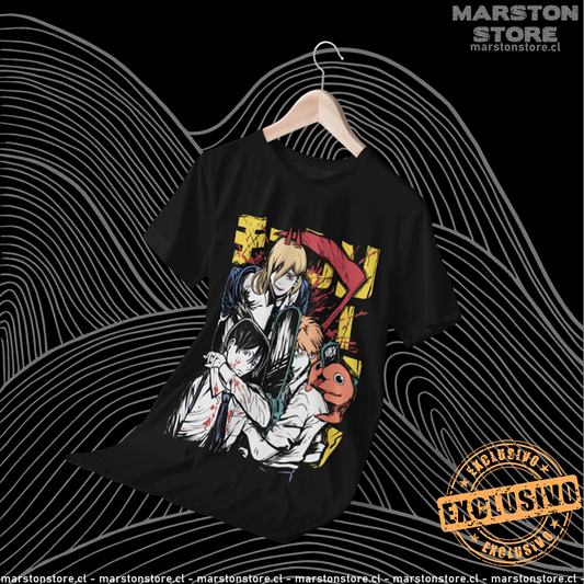 Polera negra Chainsaw Man con Denji, Power, Aki Hayakawa y Pochita