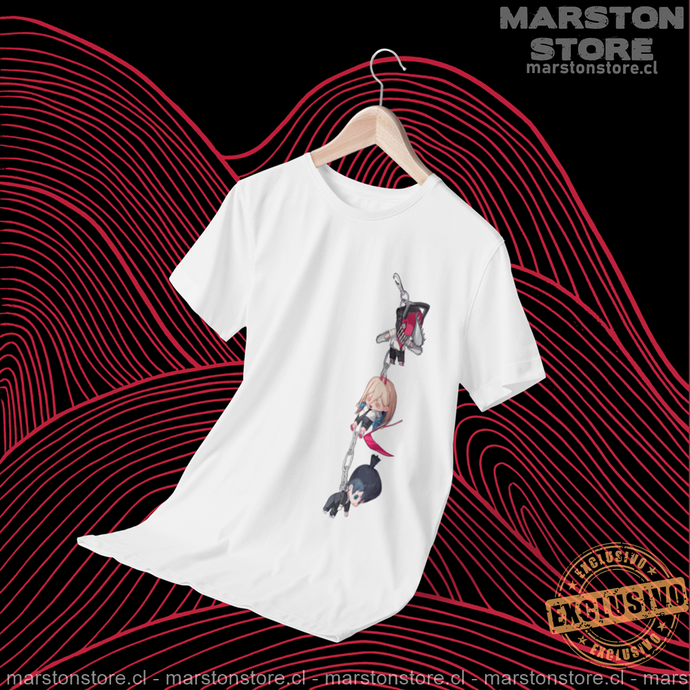 Polera blanca Chainsaw Man con Denji, Power y Aki Hayakawa, estampado solo frontal