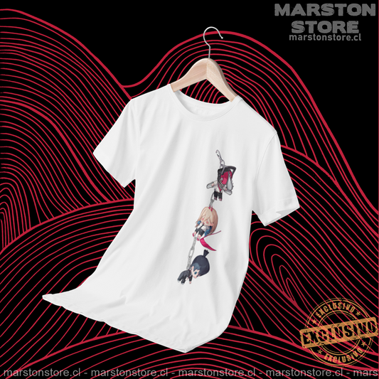 Polera blanca Chainsaw Man con Denji, Power y Aki Hayakawa, estampado solo frontal