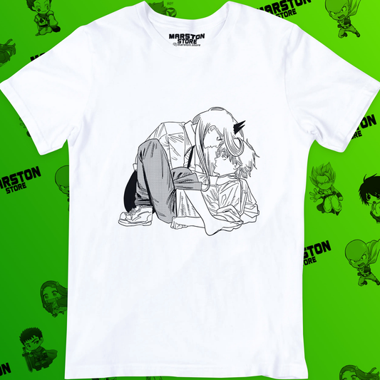 Polera blanca Chainsaw Man con Denji y Power