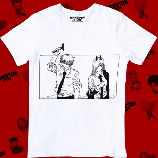 Polera blanca Chainsaw Man con Denji y Power