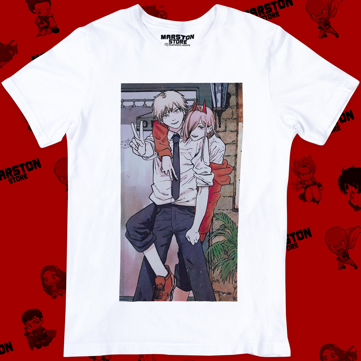Polera blanca Chainsaw Man con Denji y Power