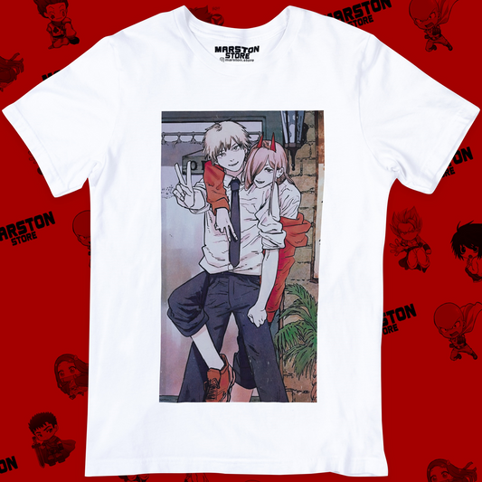 Polera blanca Chainsaw Man con Denji y Power