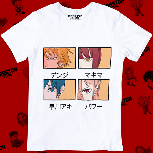 Polera blanca Chainsaw Man con Denji, Power, Makima y Aki Hayakawa