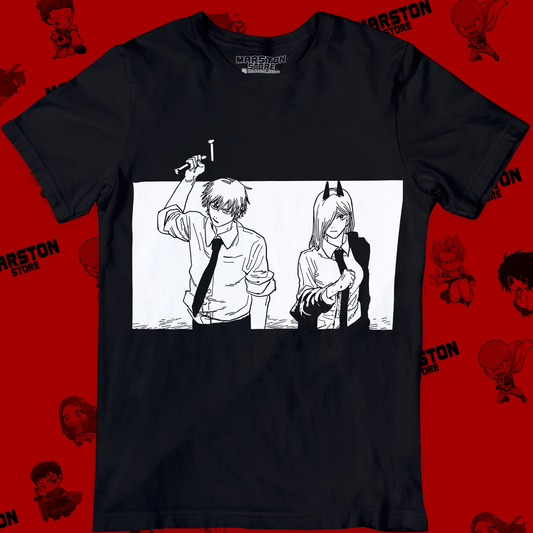 Polera negra Chainsaw Man con Denji y Power