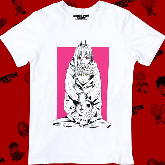 Polera blanca Chainsaw Man con Denji, Power y Pochita