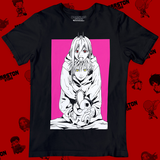 Polera negra Chainsaw Man con Denji, Power y Pochita