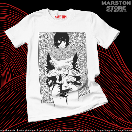 Polera blanca Chainsaw Man con diseño de Himeno