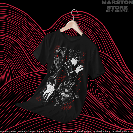 Polera negra crossover Chainsaw Man x Jujutsu Kaisen con Megumi Fushiguro y Aki