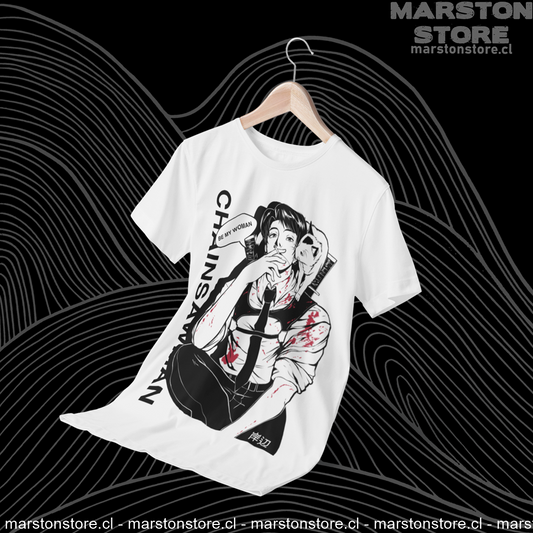 Polera blanca Chainsaw Man con diseño de Kishibe