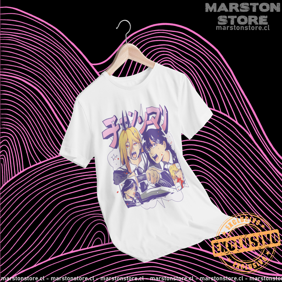 Polera blanca Chainsaw Man con Kobeni Higashiyama y Power