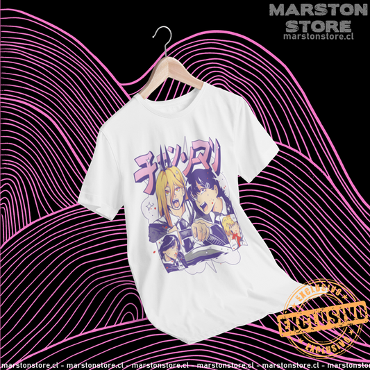Polera blanca Chainsaw Man con Kobeni Higashiyama y Power