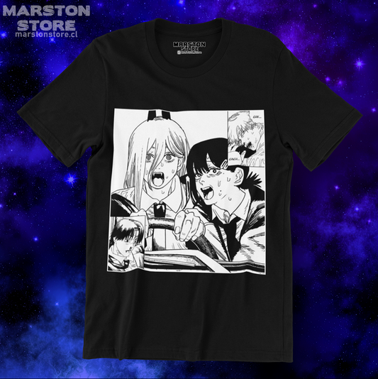 Polera negra Chainsaw Man con Kobeni Higashiyama y Power