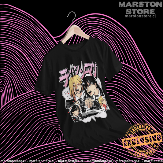 Polera negra Chainsaw Man con Kobeni Higashiyama y Power
